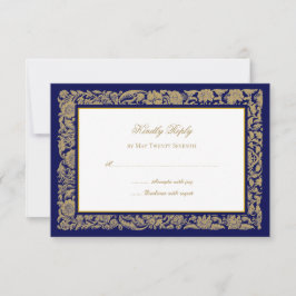 Elegante goldene Blume und dunkelblaue Hochzeit RSVP Karte