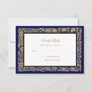 Elegante goldene Blume und dunkelblaue Hochzeit RSVP Karte