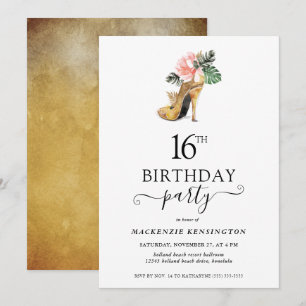 Elegante goldene Blumen-High-Heels zum 16. Geburts Einladung