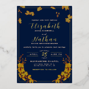 Elegante goldene Blumen Hochzeit in Navy Blau Folieneinladung