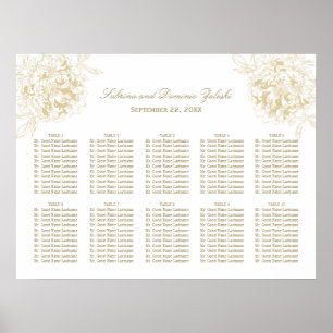 Elegante goldene Blumen-Pfingstrosen-Hochzeitssitz Poster