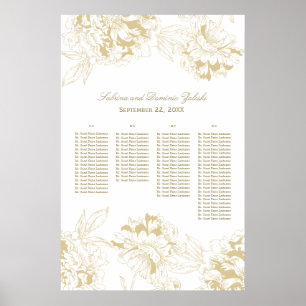 Elegante goldene Blumen-Pfingstrosen-Hochzeitssitz Poster