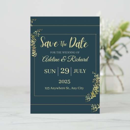 Elegante goldene Blumen-Save-the-Date-Karte Einladung (Stehend Vorderseite)