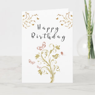 Elegante goldene Blumen-Schmetterling-Geburtstagsk Karte