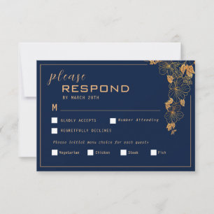 Elegante goldene Blumenblätter Marineblau RSVP Karte