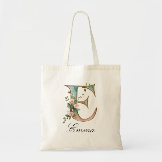 Elegante goldene Blumeninitiale E-Tasche Tragetasche (Vorne)