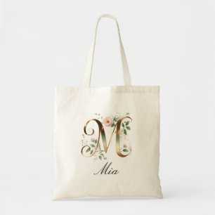 Elegante goldene Blumeninitiale M Monogramm-Tasche Tragetasche