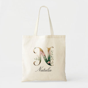 Elegante goldene Blumeninitiale N Monogramm-Tasche Tragetasche