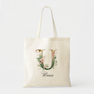 Elegante goldene Blumeninitiale U-Tasche Tragetasche
