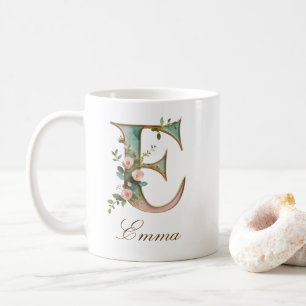 Elegante Goldene Blumige Buchstabe E Monogramm Tas Kaffeetasse