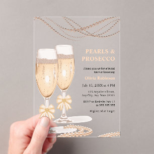 Elegante Goldene Bogen Perlen und Prosecco-Brautpa Acryleinladungen