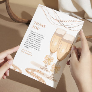 Elegante Goldene Bogen Perlen und Prosecco Brautpa Dankeskarte