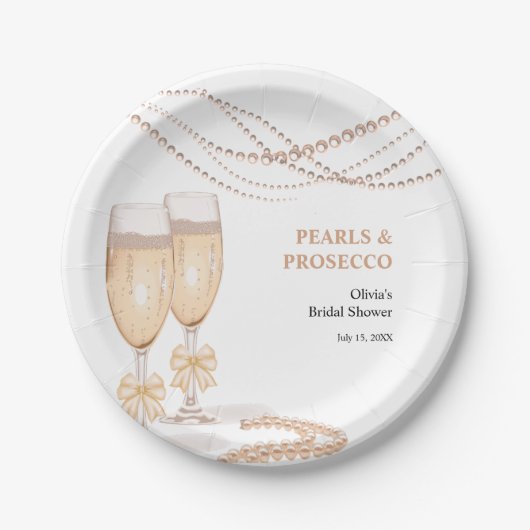 Elegante Goldene Bogen Perlen und Prosecco Brautpa Pappteller (Vorderseite)