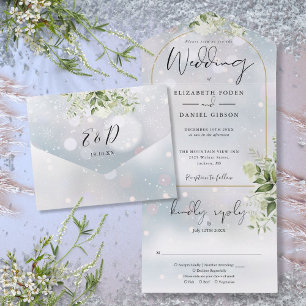 Elegante goldene Bogen-Wintergrün-Hochzeit All In One Einladung
