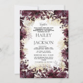 Elegante goldene Bordeauxfarbene Blumenhochzeit Einladung (Vorderseite)