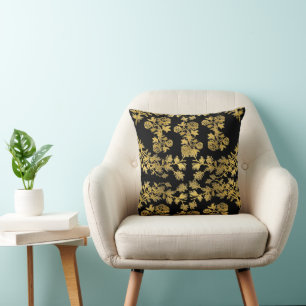 Elegante goldene Botanik-Blumen GARTEN AUF SCHWARZ Kissen