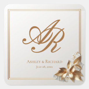 Elegante goldene botanische Hochzeit Quadratischer Aufkleber