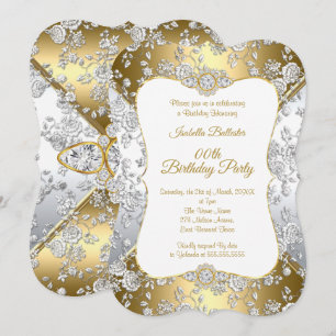 Elegante Goldene Damast Silberne Rose Geburtstagsf Einladung