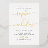 Elegante goldene, einfache, moderne Skriptbindungs Folieneinladung (Vorderseite)