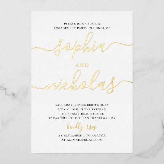 Elegante goldene, einfache, moderne Skriptbindungs Folieneinladung (Vorderseite)