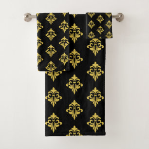 Elegante goldene Fleur de Lis auf Schwarz Badhandtuch Set