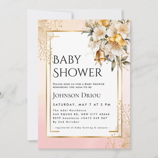 Elegante goldene Floral-Baby-Shower-Einladung Einladung (Vorderseite)