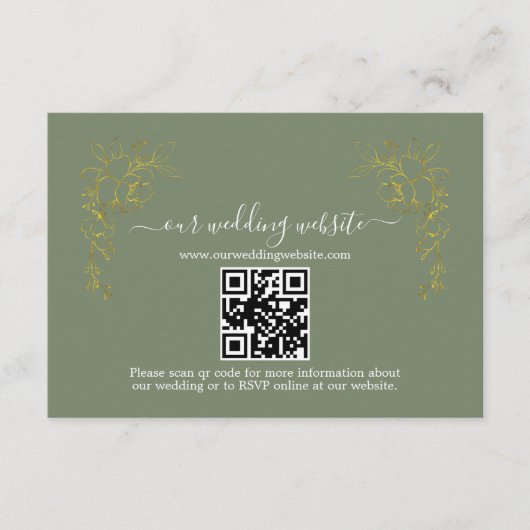 Elegante Goldene Florale Hellgrüne QR-Code-Hochzei Begleitkarte (Vorderseite)