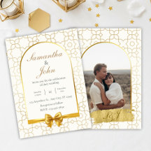 Elegante goldene geometrische Bogen-Foto-Hochzeit