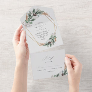 Elegante goldene geometrische Winter-Wedding-Grün All In One Einladung