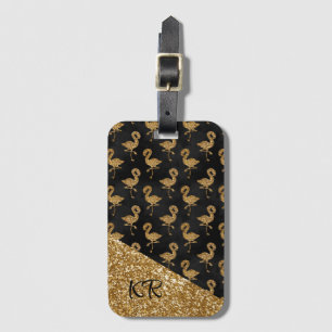 Elegante goldene Glitter-Flamingos mit Monogramm  Gepäckanhänger