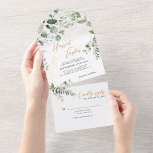 Elegante Goldene Grünpflanzen Eukalyptus Monogramm All In One Einladung