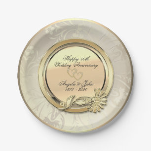 Elegante goldene Herzen Floral 50. Hochzeitsjubilä Pappteller