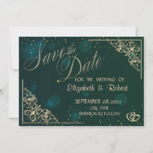 Elegante goldene Herzen Save the Date grün