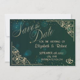 Elegante goldene Herzen Save the Date grün