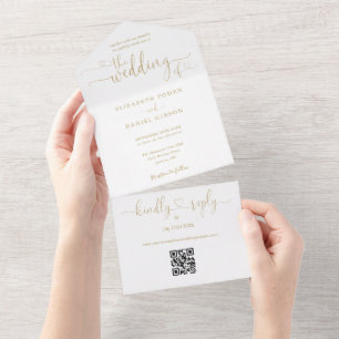 Elegante Goldene-Herzen-Schriftart QR-Code-Hochzei All In One Einladung