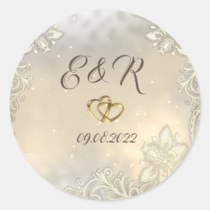 Elegante goldene Herzen Spitze Hochzeit Runder Aufkleber