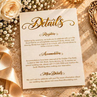 Elegante goldene Hochzeitsdetails-Beilagekarte Begleitkarte