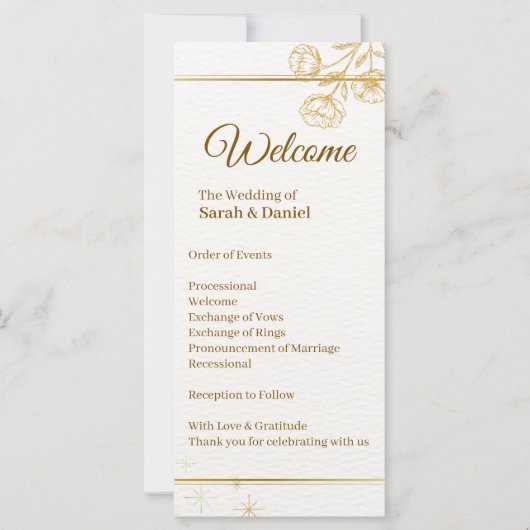 Elegante goldene Hochzeitsprogrammkarte mit floral (Vorderseite)