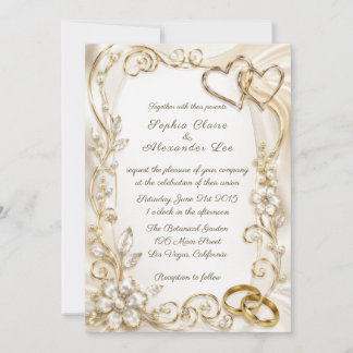 Elegante goldene Hochzeitsringe und Herzen Einladu Einladung