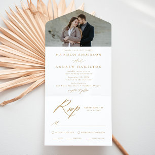 Elegante goldene Kalligrafie-Foto-Hochzeit All In One Einladung