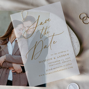 Elegante Goldene Kalligrafie Hochzeit - Termin vor Pergament Einladungen
