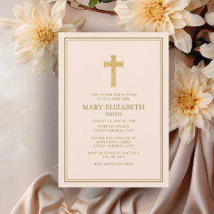 Elegante goldene Kreuz Rosa Baby Mädchen Taufe  Einladung
