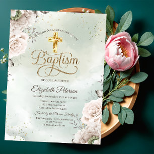 Elegante goldene Kreuzrosen grüne Taufe Einladung