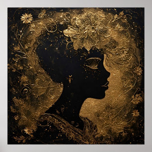 Elegante goldene Kunst eines Frauenprofils mit Flo Poster