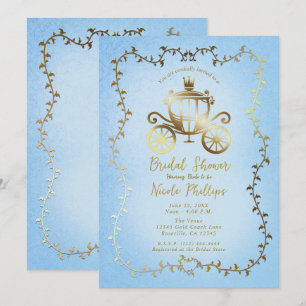 Elegante goldene Kutsche blaue Storybook-Hochzeit  Einladung