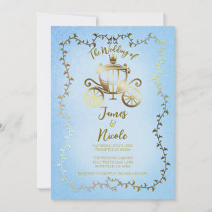 Elegante goldene Kutsche blaue Storybook-Hochzeit Einladung