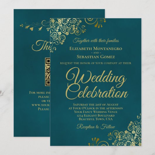 Elegante goldene Locken auf teal QR-Code-Hochzeit Einladung (Vorne/Hinten)