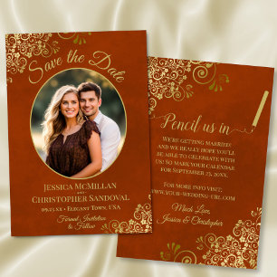 Elegante goldene Locken-Oval-Foto marmoriert Rost Save The Date
