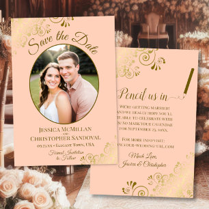 Elegante goldene Locken-Oval-Foto Pfirsich-Orangen Save The Date