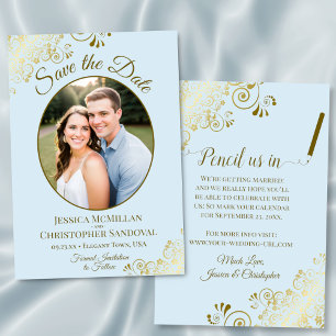 Elegante goldene Locken Ovale Foto-Puderblau-Hochz Save The Date